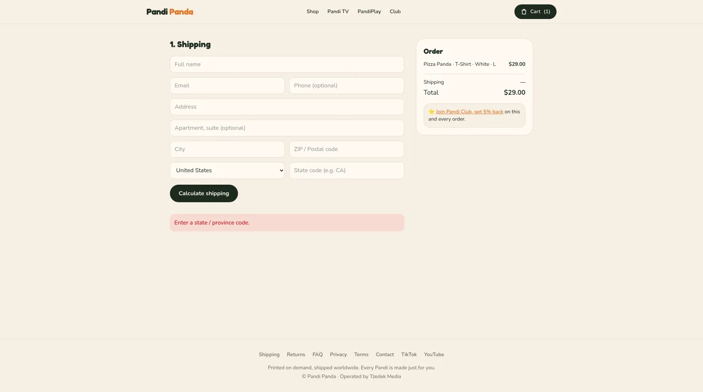 The Pandi Panda checkout shipping form after an empty submit, showing only the error Enter a state / province code