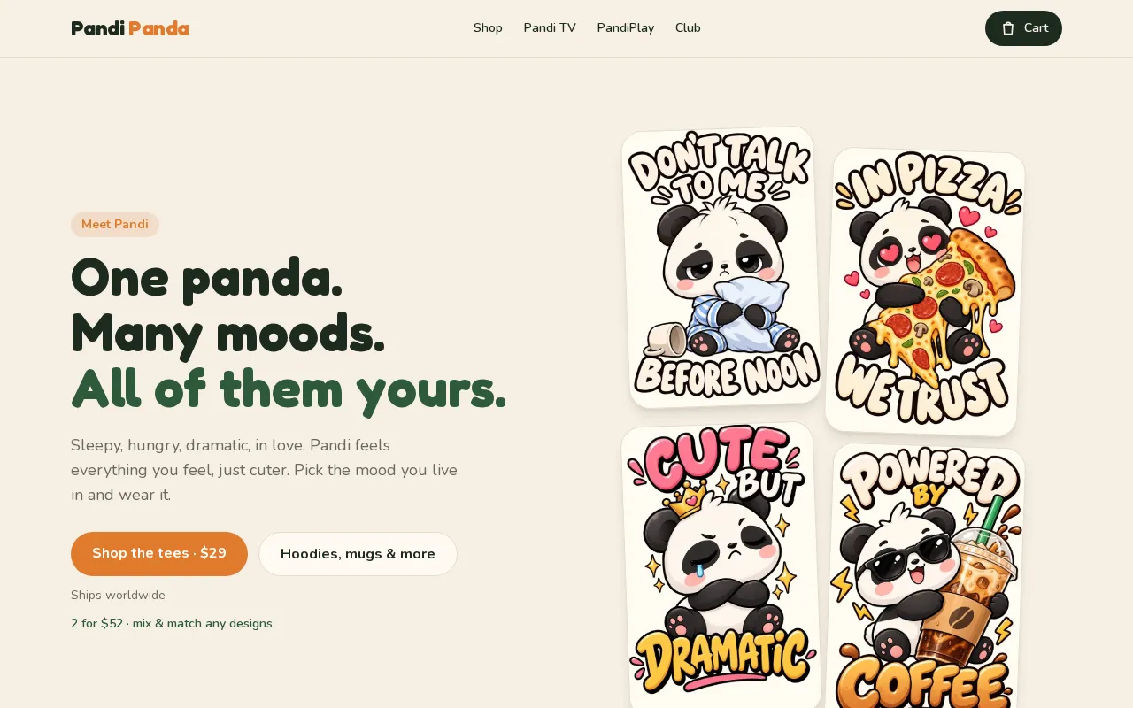 The Pandi Panda home page on desktop