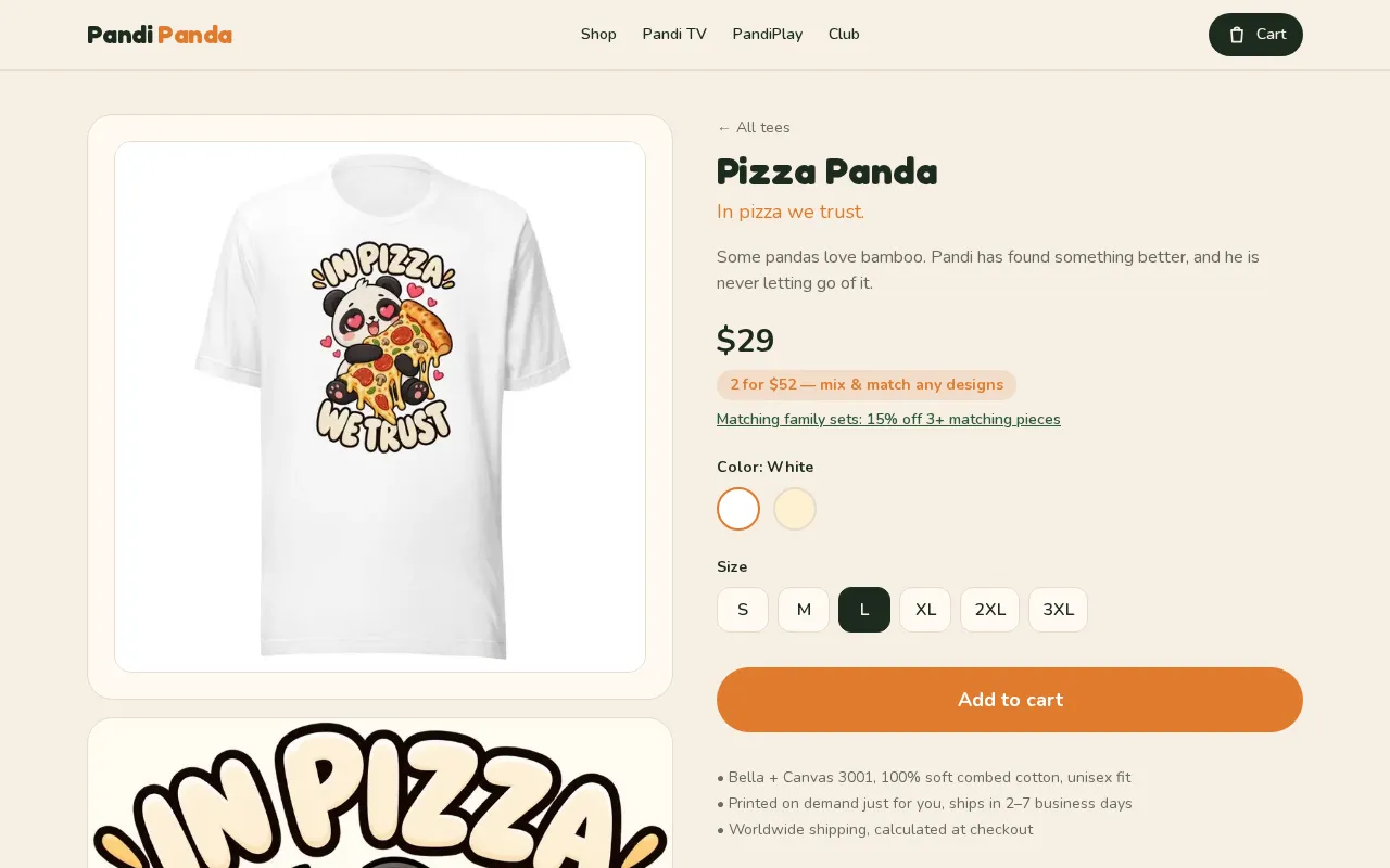 The Pizza Panda t-shirt product page on desktop