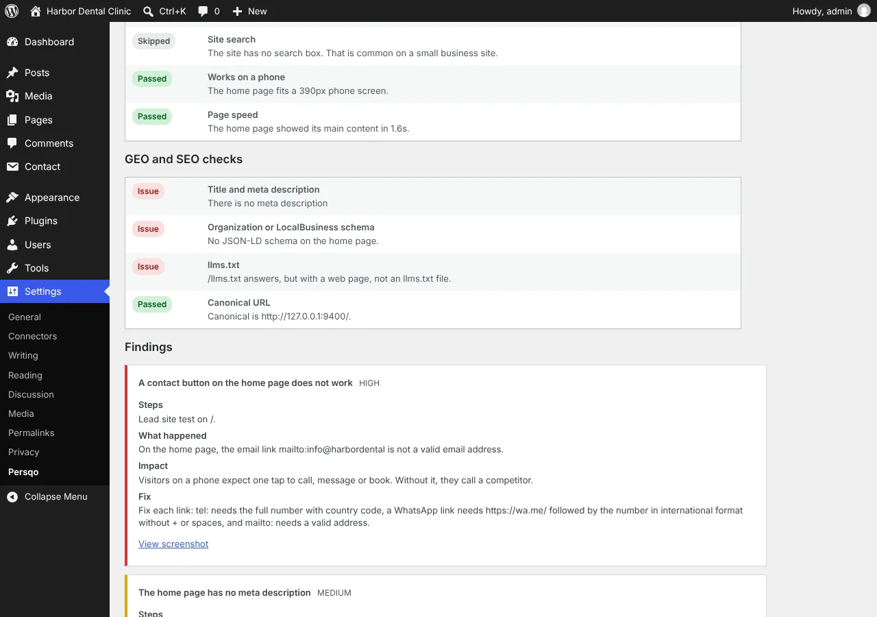 Persqo for Business Sites findings in WordPress with steps, what happened, impact and a suggested fix