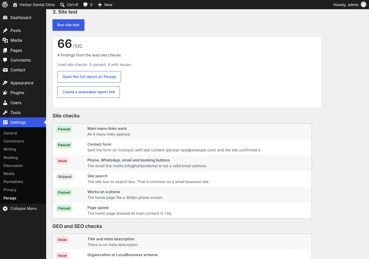 Persqo for Business Sites results in WordPress: a 66 out of 100 score, site checks and GEO and SEO checks