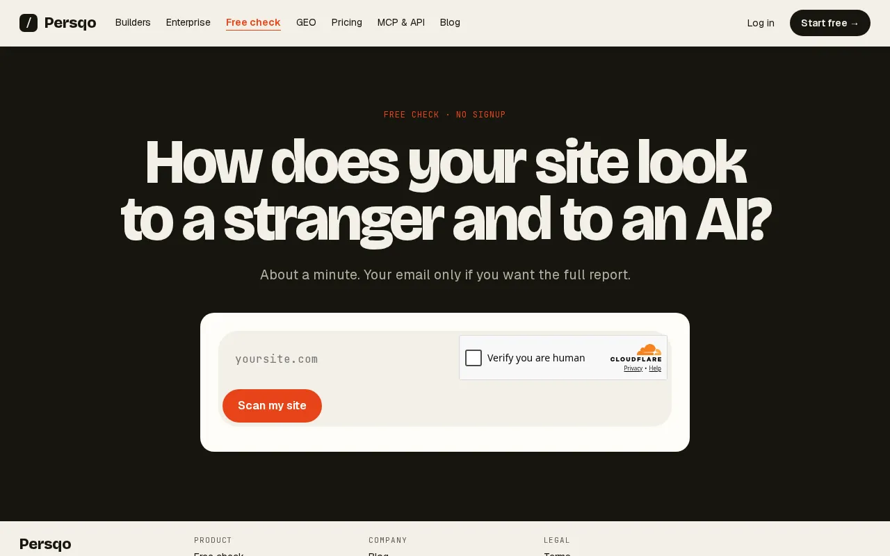 The Persqo free check page on persqo.com with a field for your site address and a Scan my site button