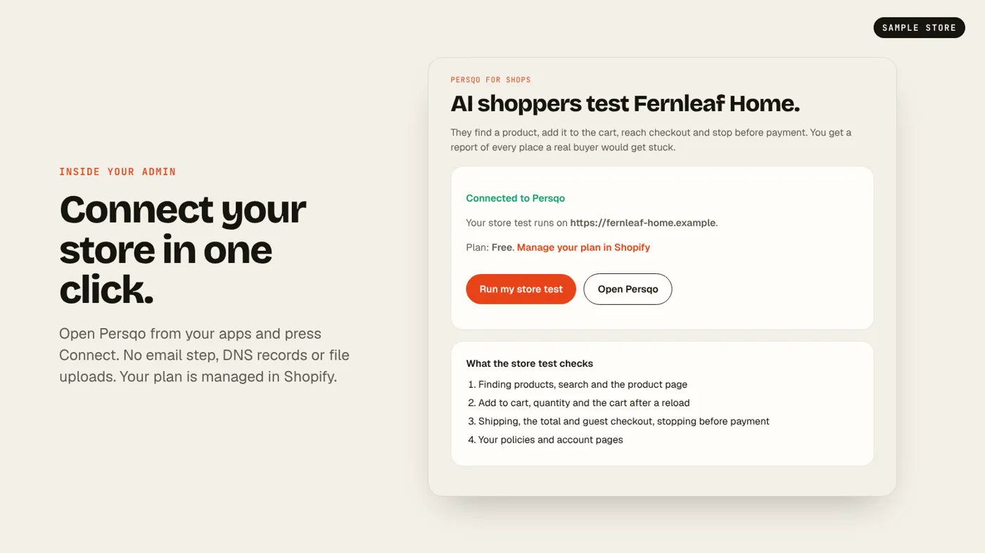 The Persqo app embedded in Shopify admin, connected on the Free plan, with a Run my store test button
