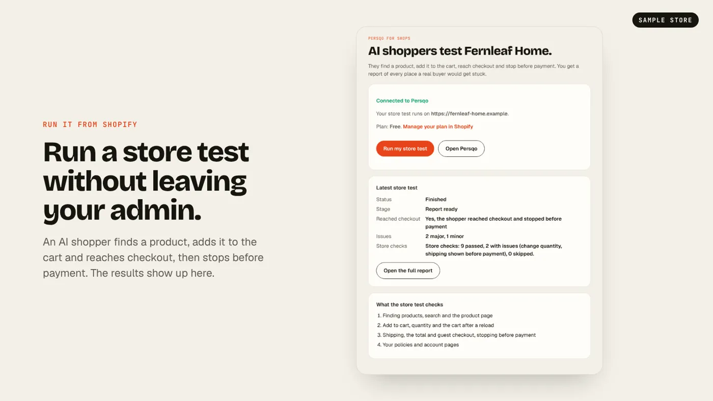 A finished Persqo store test that reached checkout and stopped before payment, with 2 major and 1 minor findings